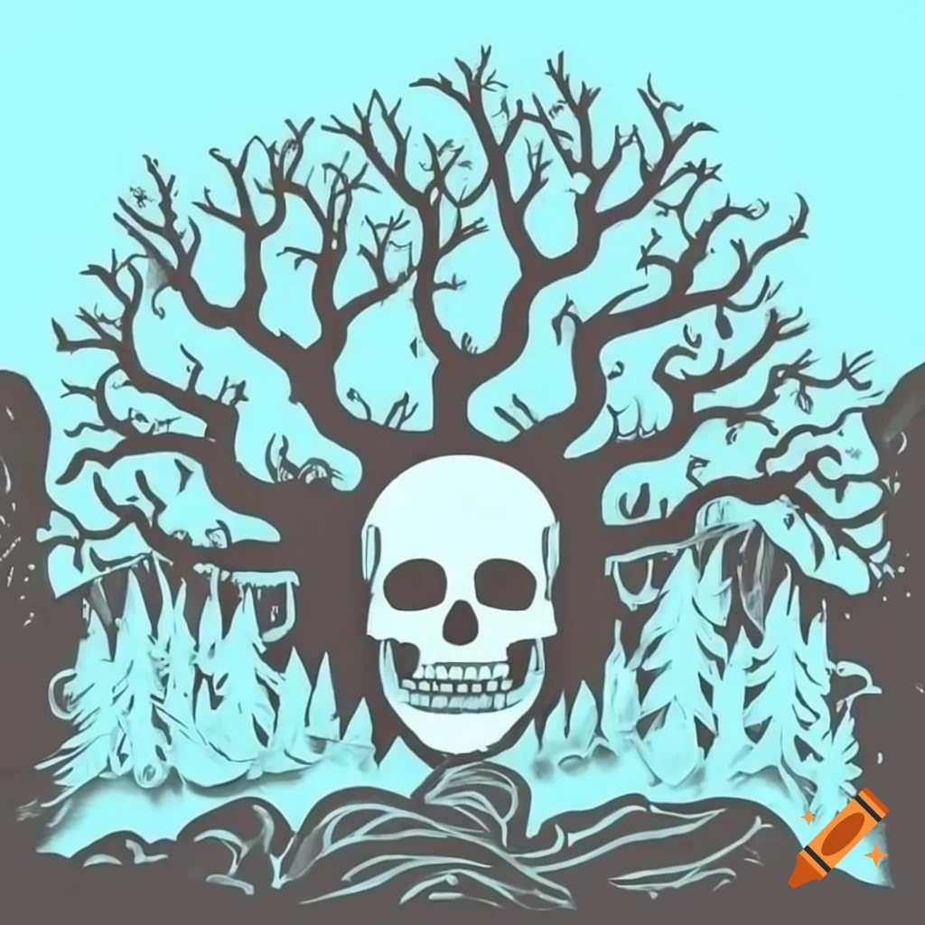 Tangled trees surrounding ancient structure resembling human skull