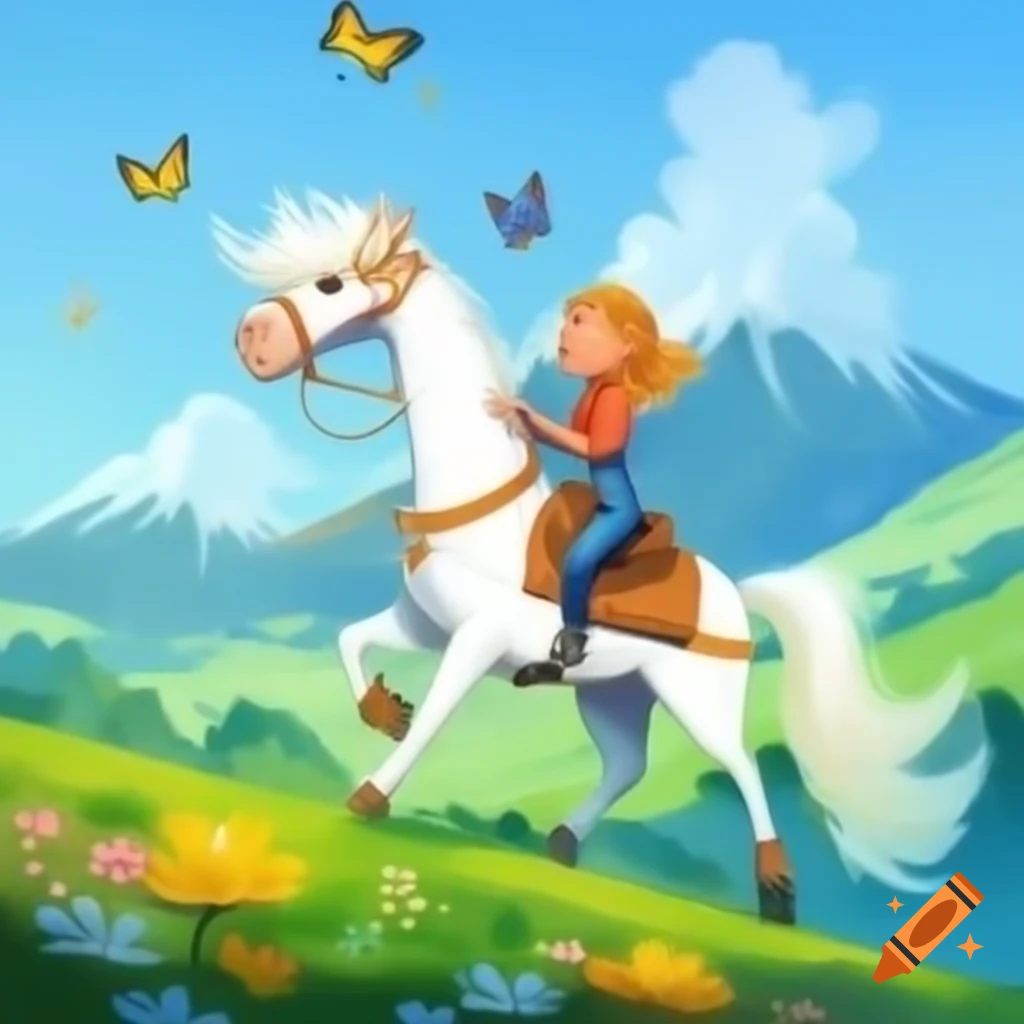 Girl riding white horse over hill into valley of flowers and butterflies