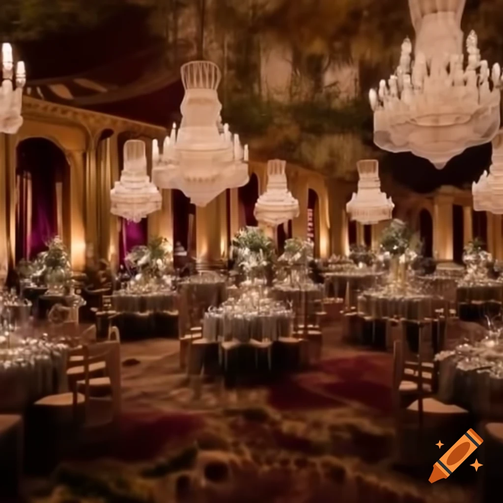 Lavish grand ballroom in French hotel with chandeliers and floral arrangements