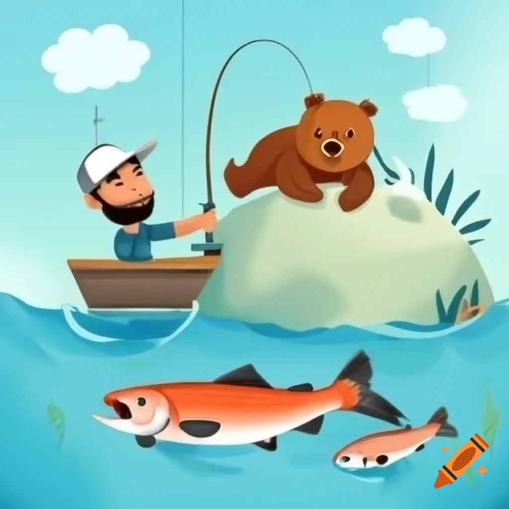 Cartoon man and bear fishing together, catching salmon