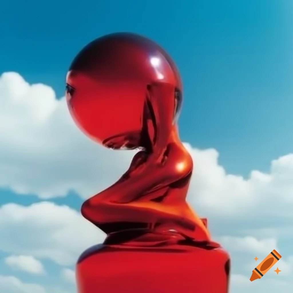 Pop surreal photography featuring red iridescent glass statue against bright sky