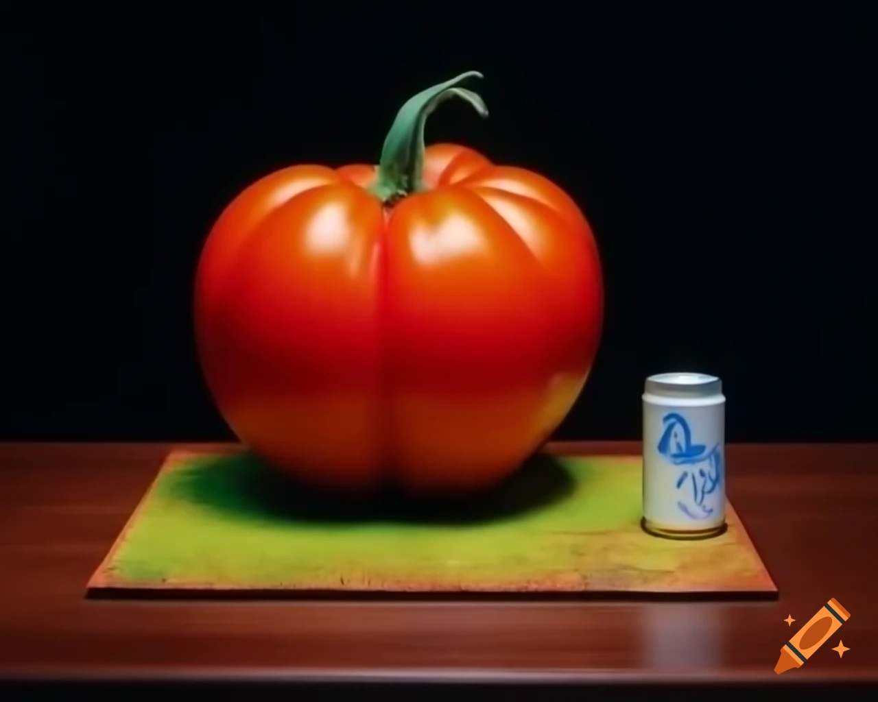 Hyper-realistic tomato sculpture in breathtaking landscape