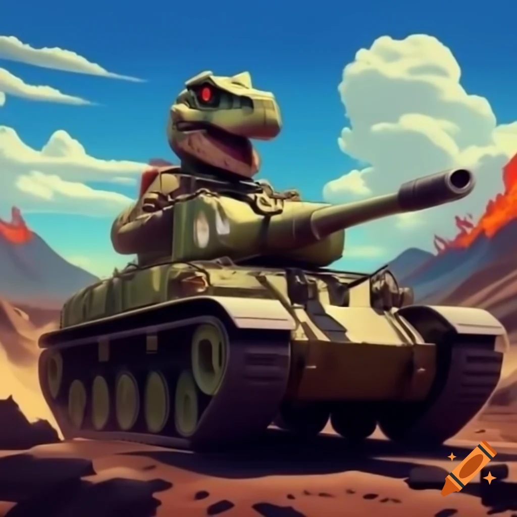 Armoured T-Rex in tank on volcano with red eyes, retro colors