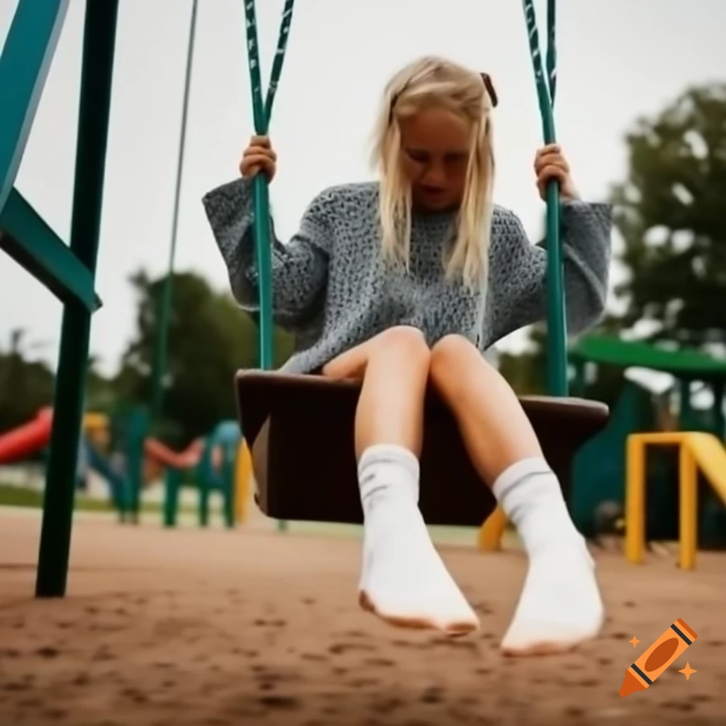 Girl with blonde braids swinging on playground, feet in air displaying white socks