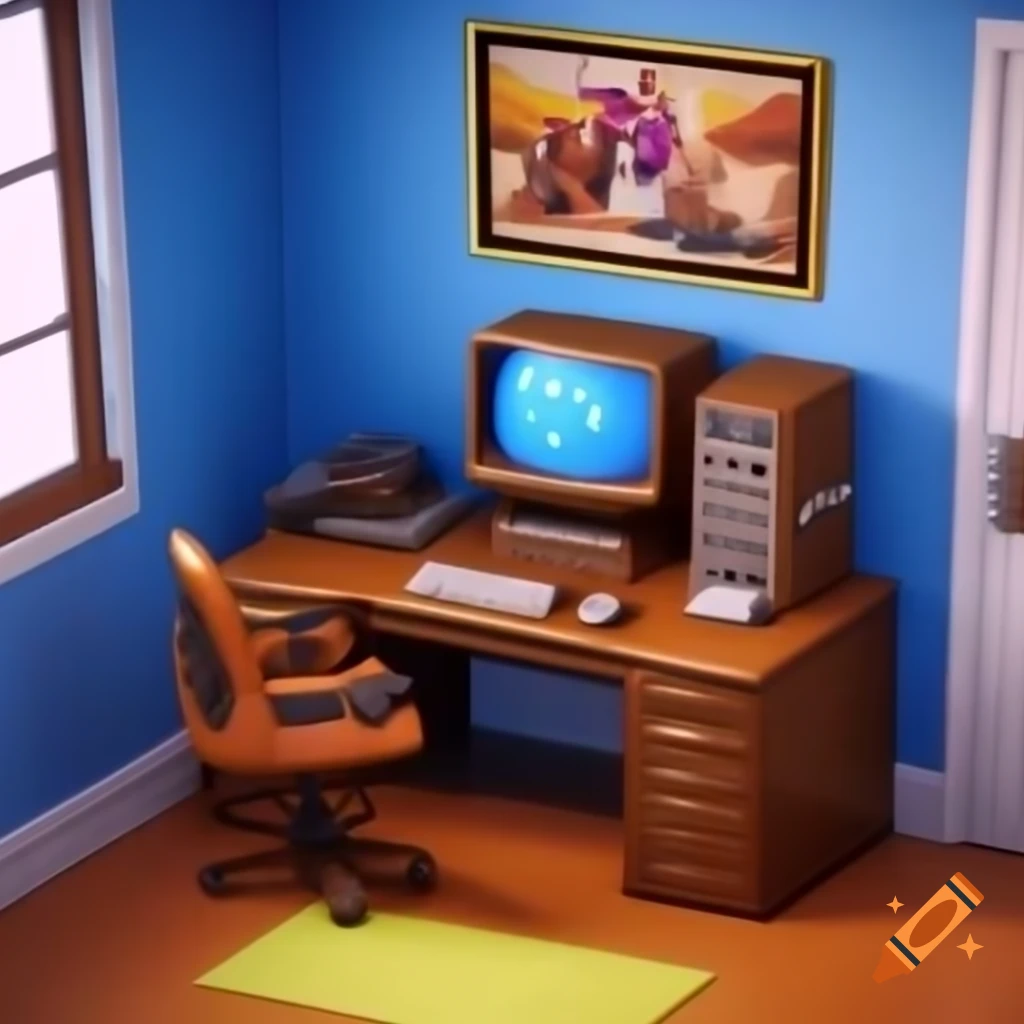1980's style PC desk with gaming materials and Goonies poster