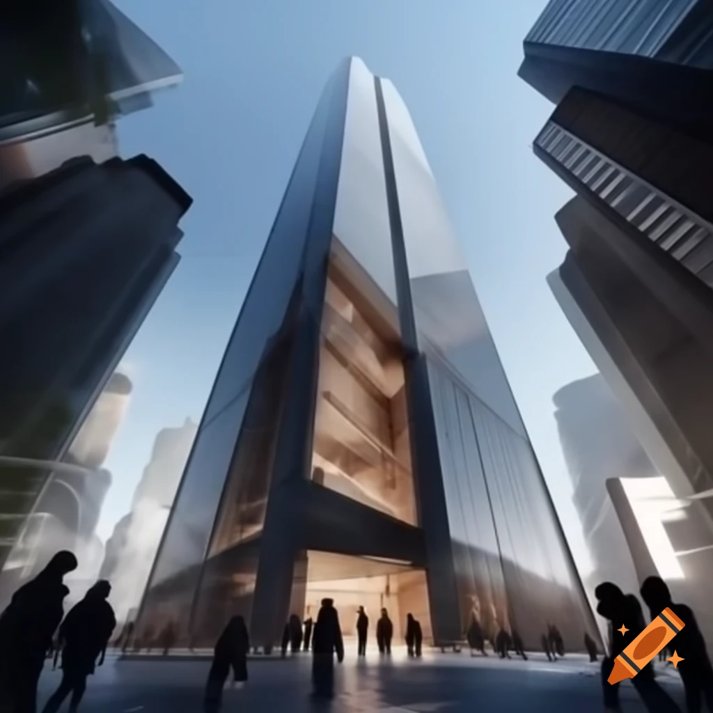 Large skyscraper with people entering