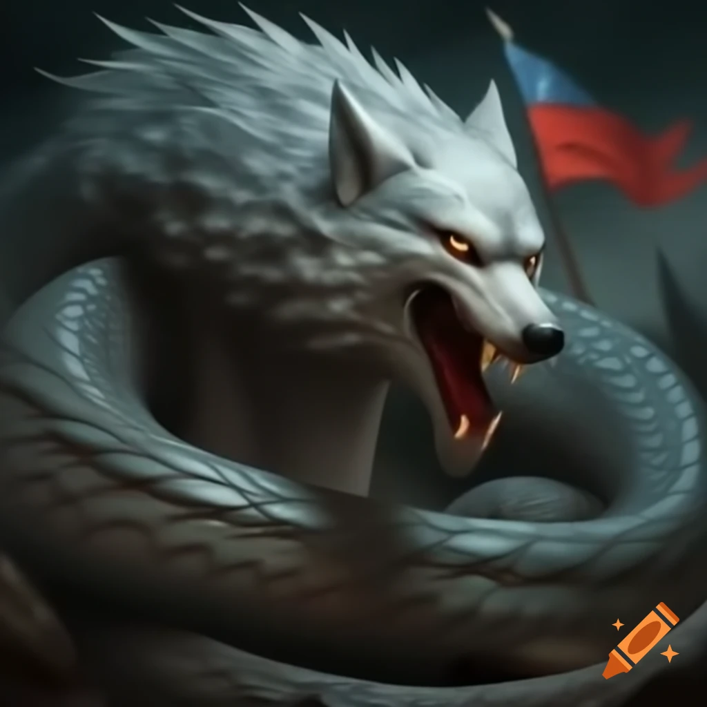 Fenrir the silver wolf with a snake body and scales, depicted in a dynamic pose