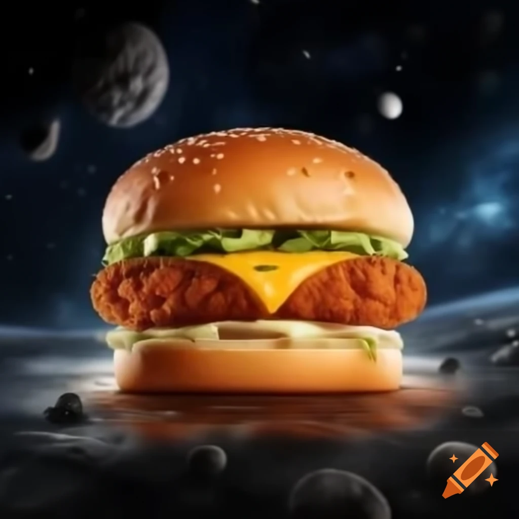 Chicken burger floating in space with stars