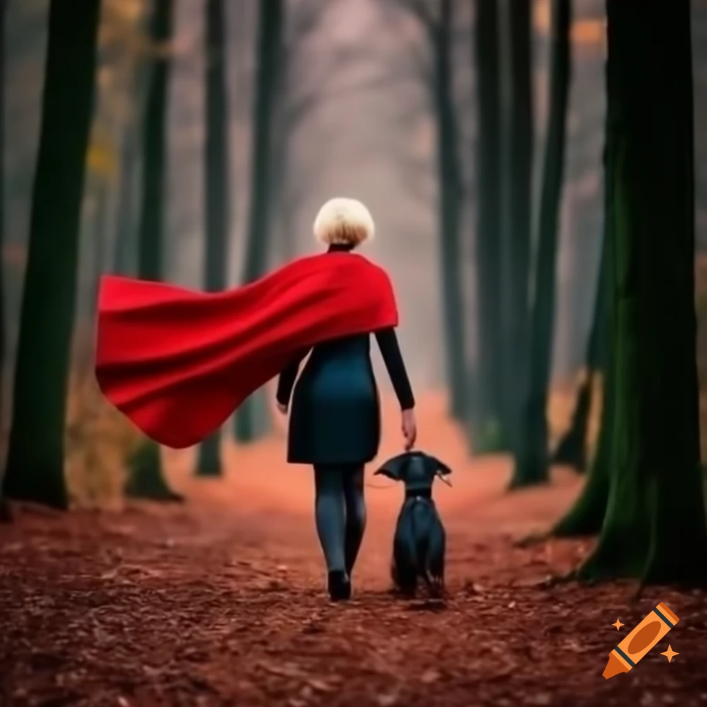 Short woman in red cape walking with black dog in autumn forest