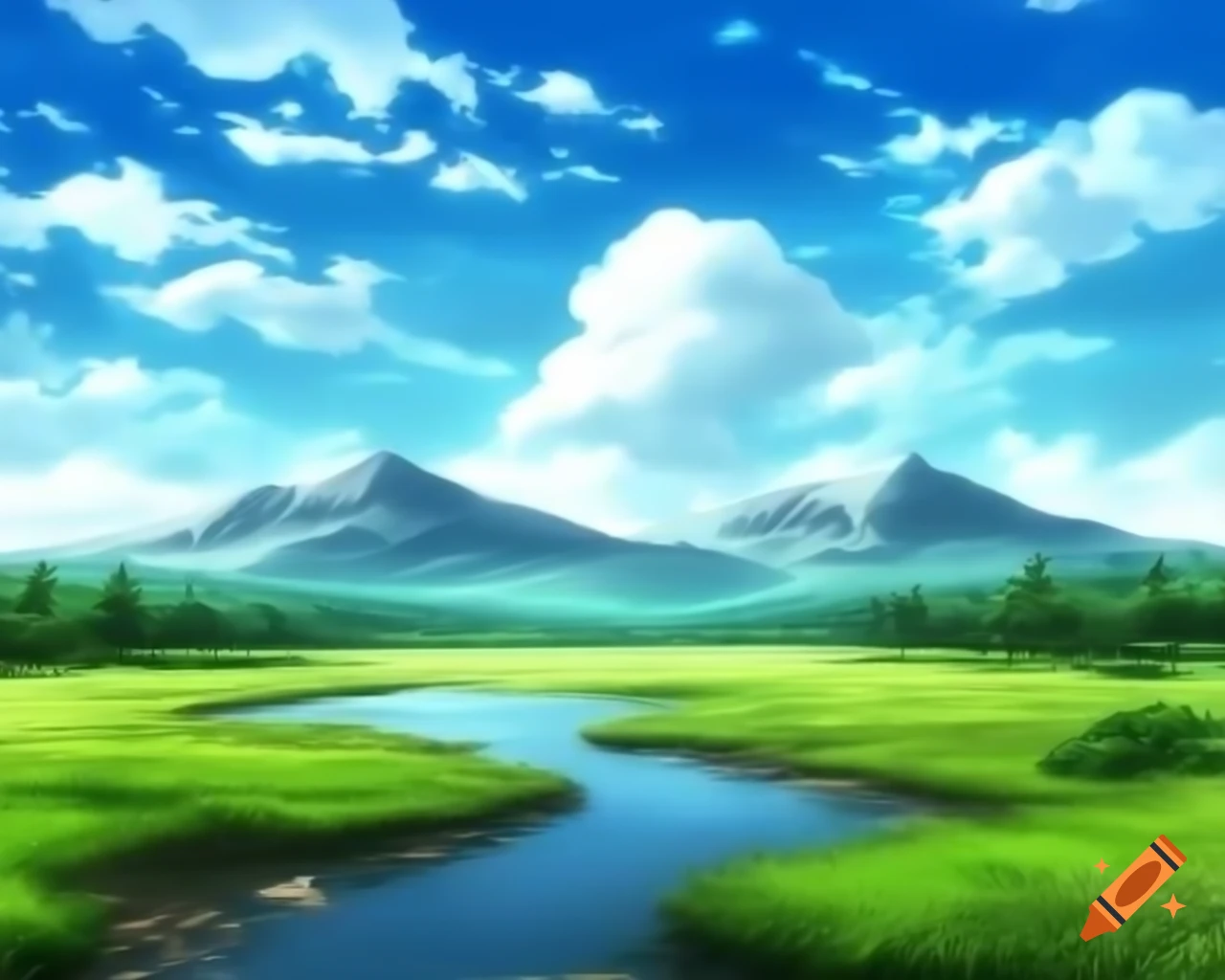 Beautiful landscape background with river and mountains in anime style
