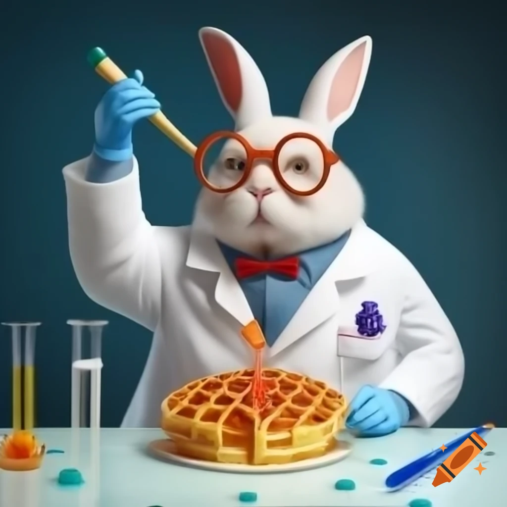 Rabbit scientist experimenting with waffles in lab coat and glasses