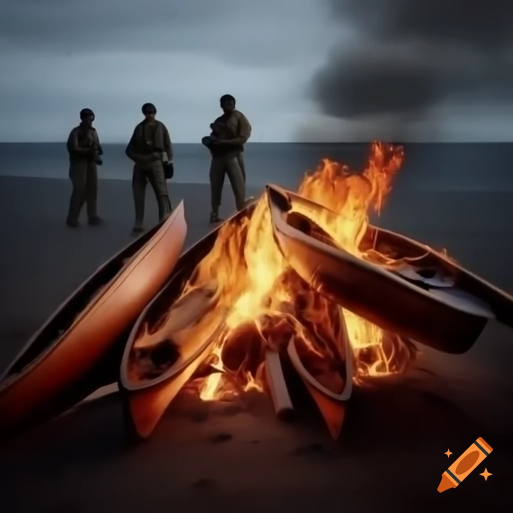Special forces soldiers standing around burning canoes on remote beach