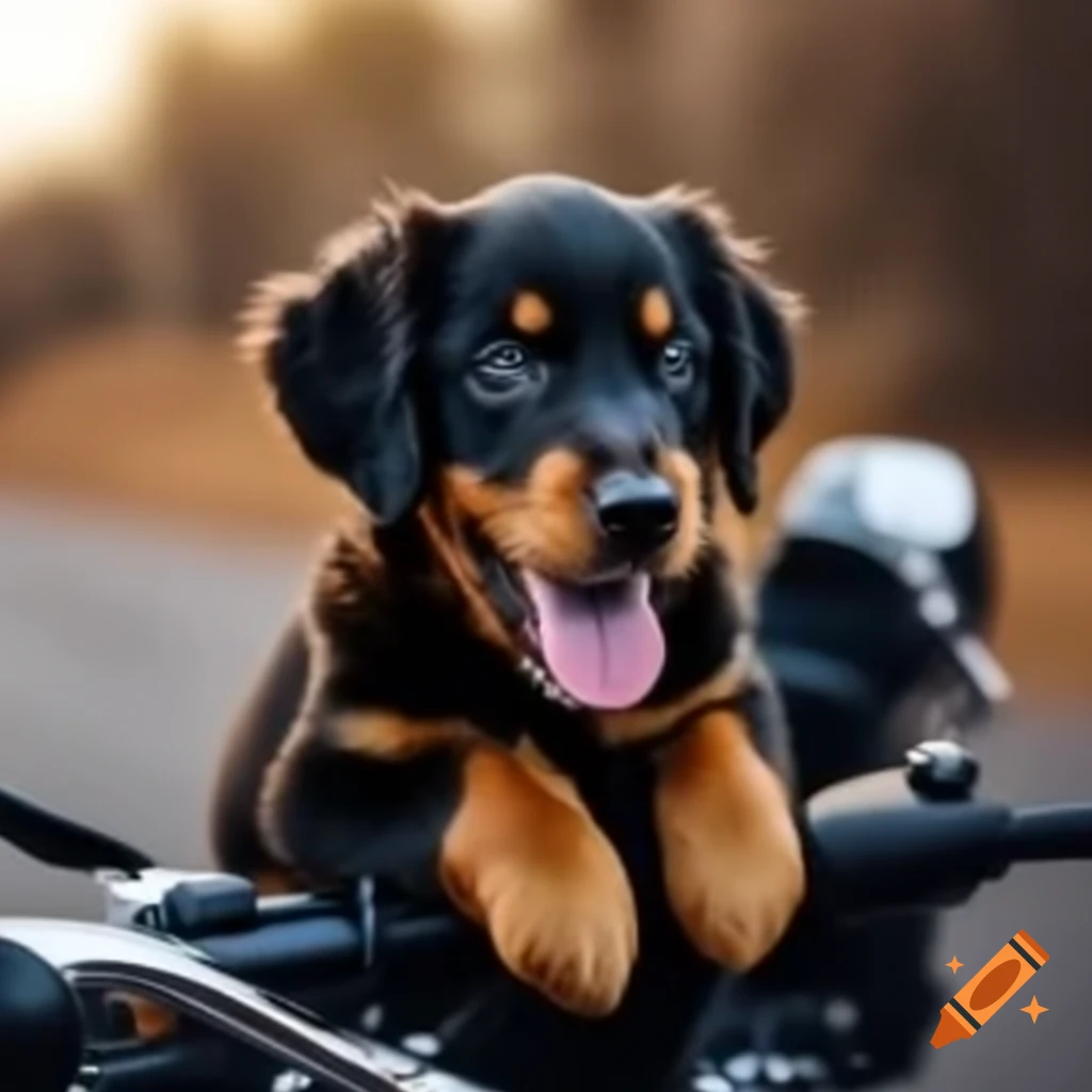 Golden Retriever puppy riding on a motorcycle joyfully