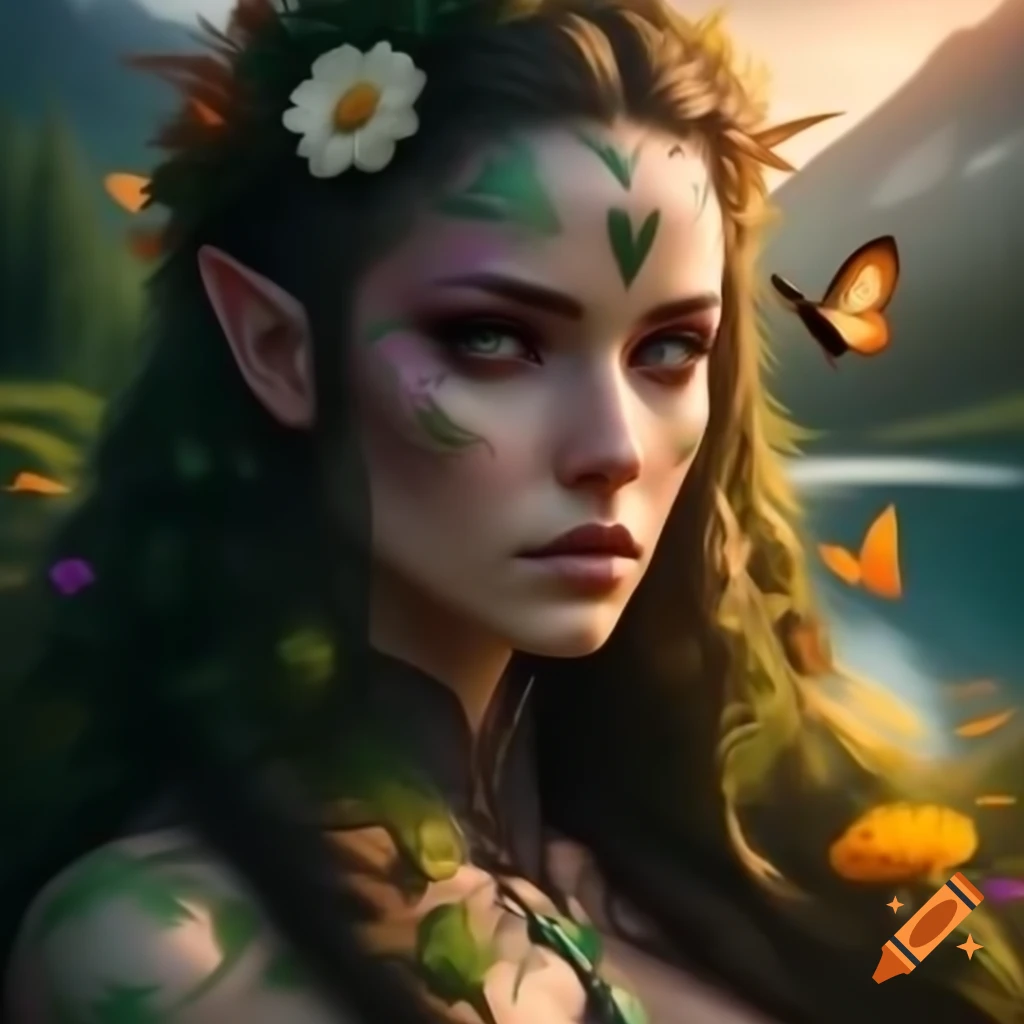 Hyperrealistic detailed portrait of Norse Celtic woman with flowers and butterflies in her hair