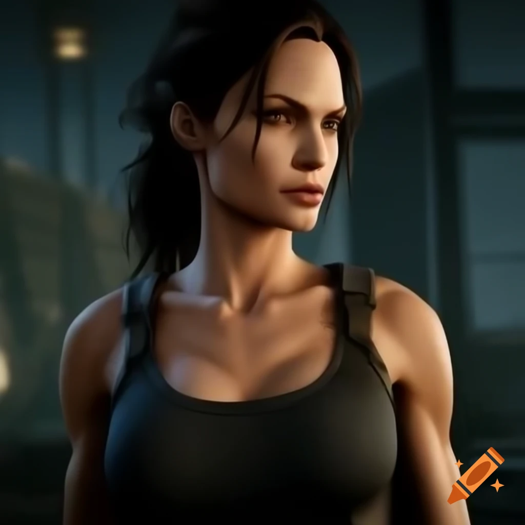 Empowering portrait of Lara Croft, showcasing athletic physique