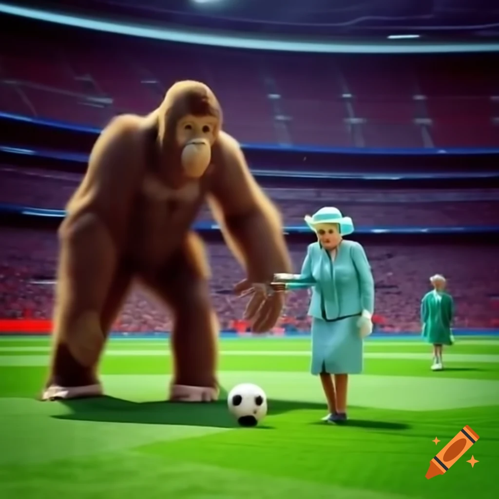Bigfoot playing soccer in flip flops at Wembley Stadium with cats and Queen Elizabeth in audience