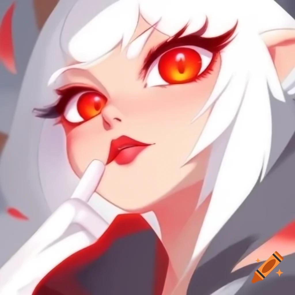 Cartoon art of woman with white hair, red eyes, and red streaks
