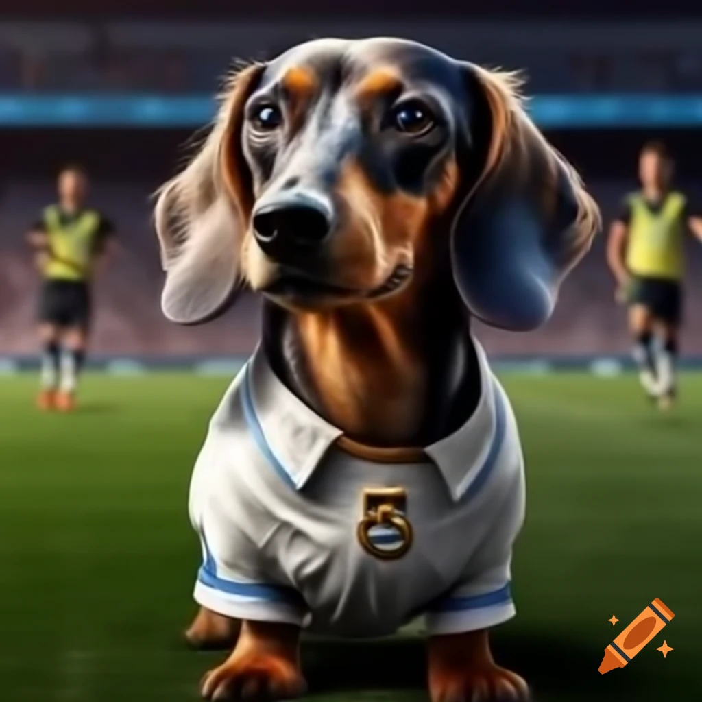 Dapper dachshund in Real Madrid colors cheering for the team