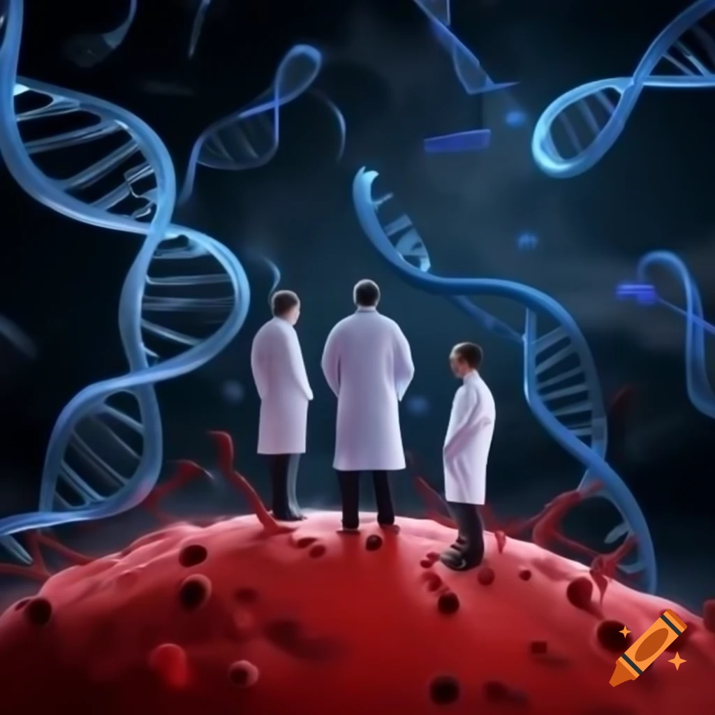 Scientists on red blood cell in futuristic lab with floating DNA molecules