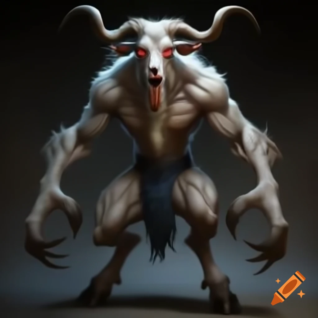 Powerful goat-headed demon with large horns and muscular legs in a standing posture