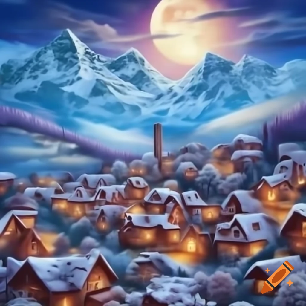 Mountain town covered in powdered sugar under full moon and towering evergreens