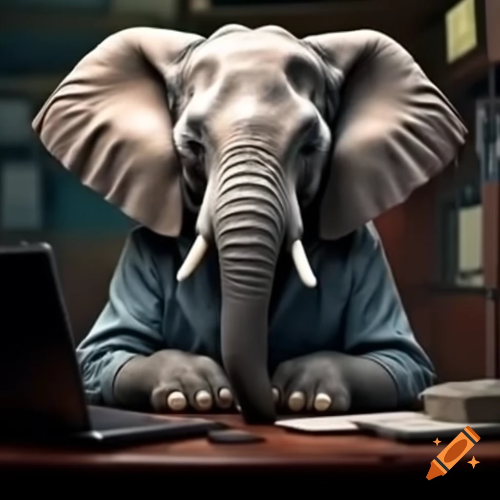 Elephant contemplating in front of a computer