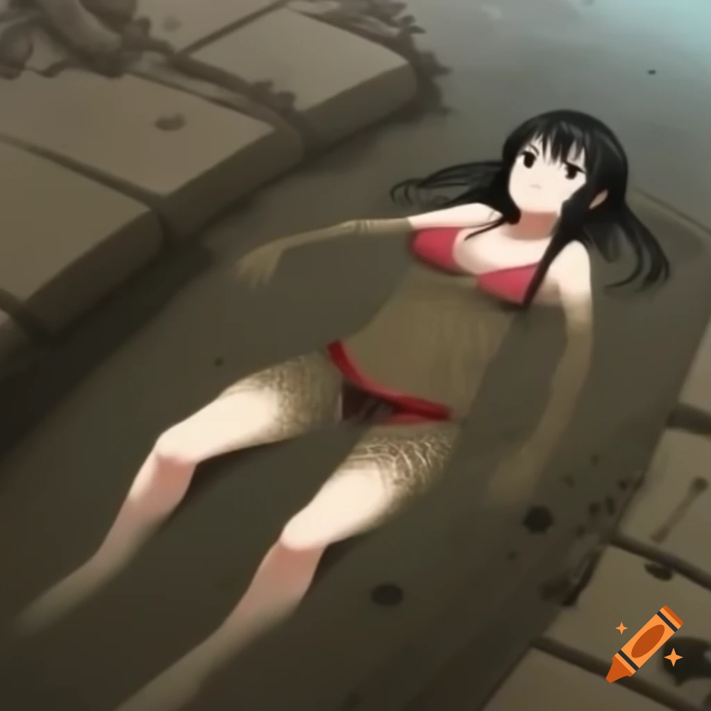 Female anime character swimming in mud, dynamic pose
