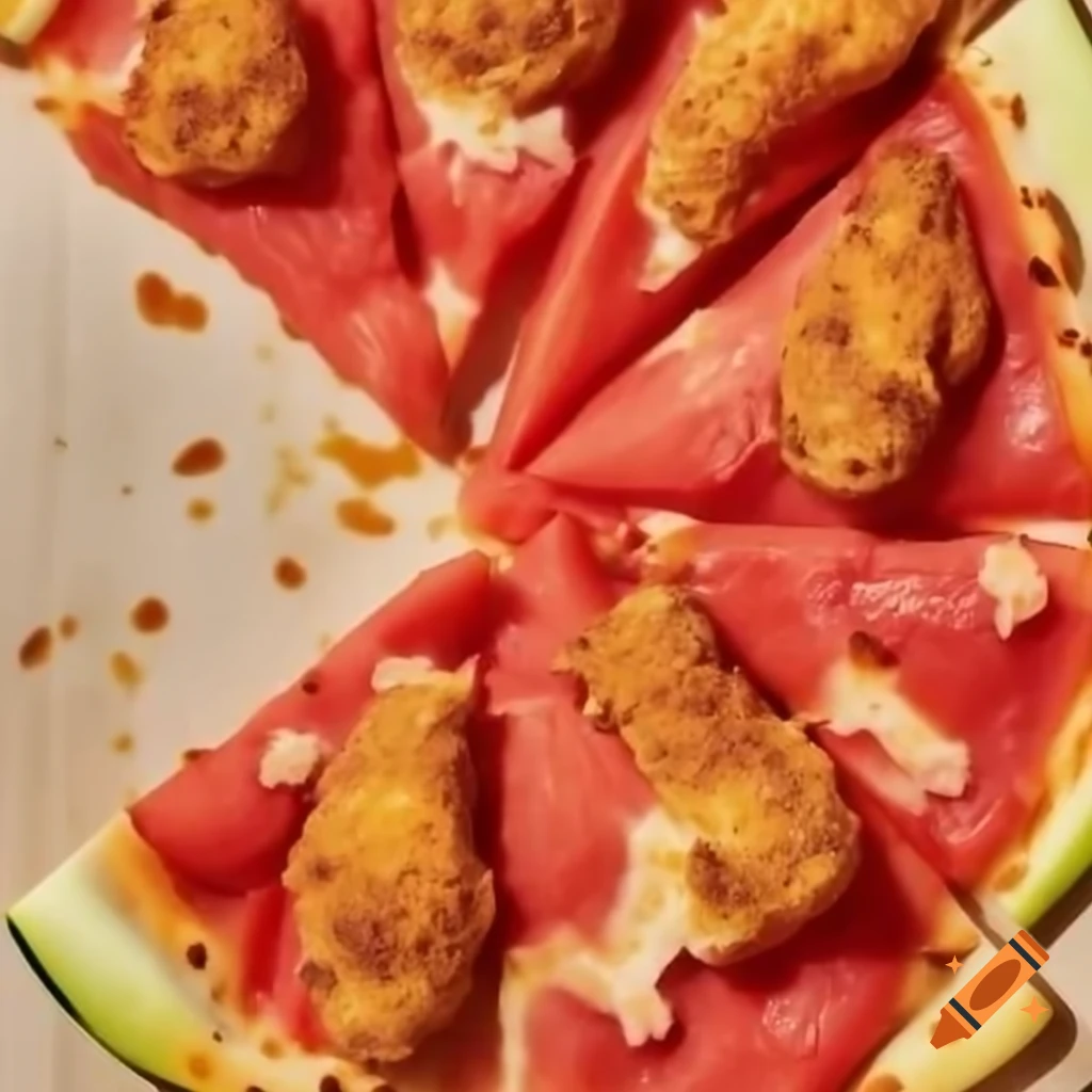 Fried chicken pizza with unique watermelon crust on craiyon