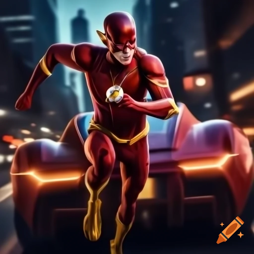 The Flash in action with motion blur and lightning effects in a bustling city at night