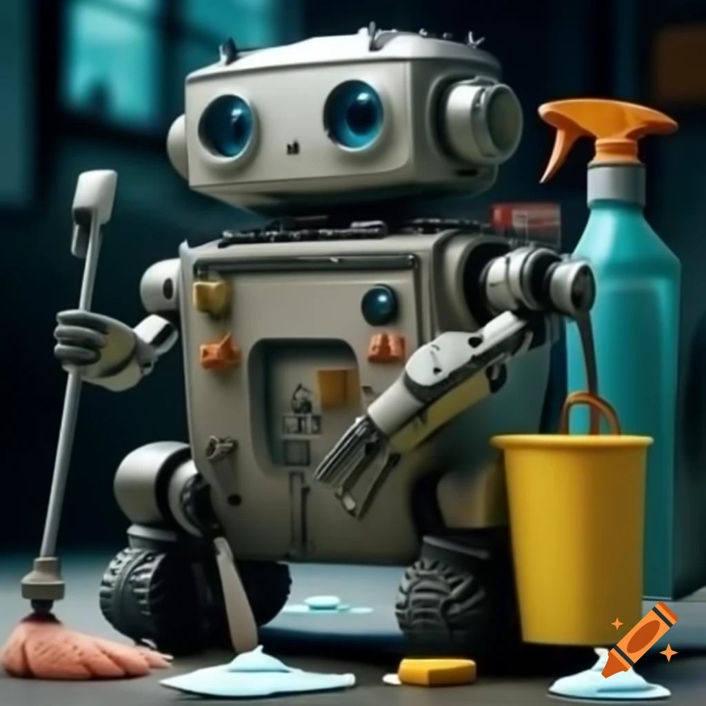 Futuristic humanlike robot holding cleaning supplies