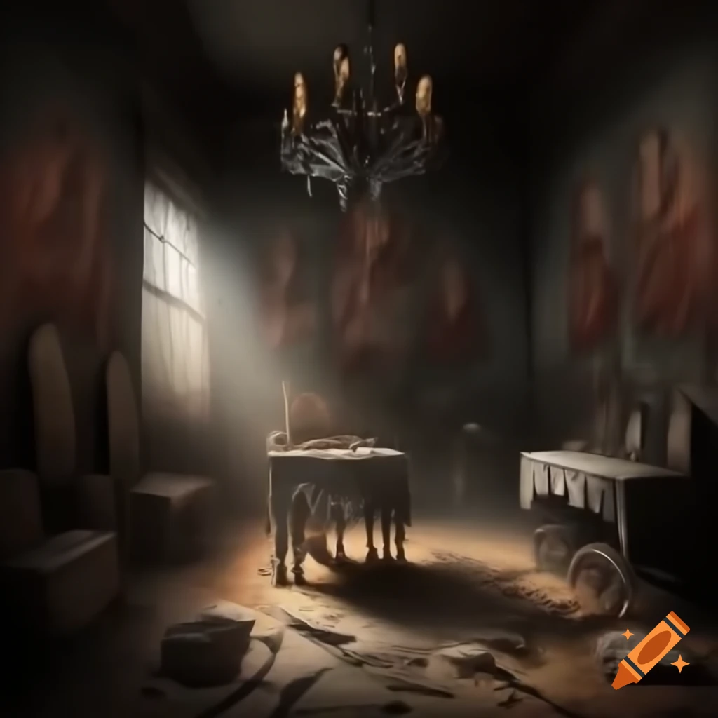 Scary haunted house room with demonic drawings on walls