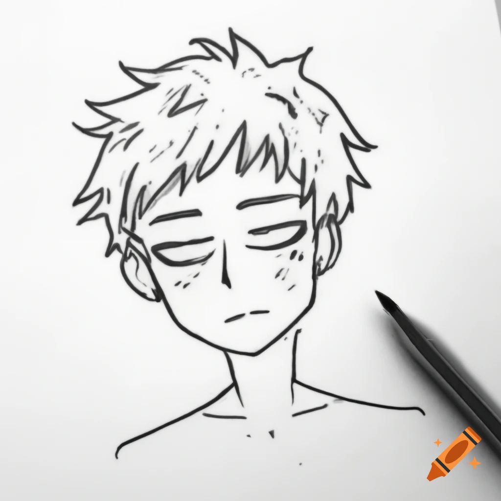 Black-and-white line art of indifferent character with spiky hair