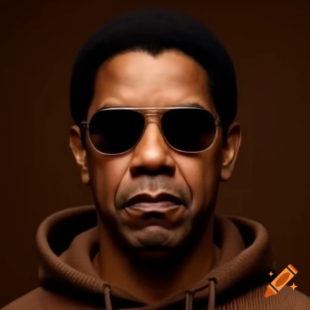 Denzel Washington wearing sunglasses and dark brown hoodie against dark brown background