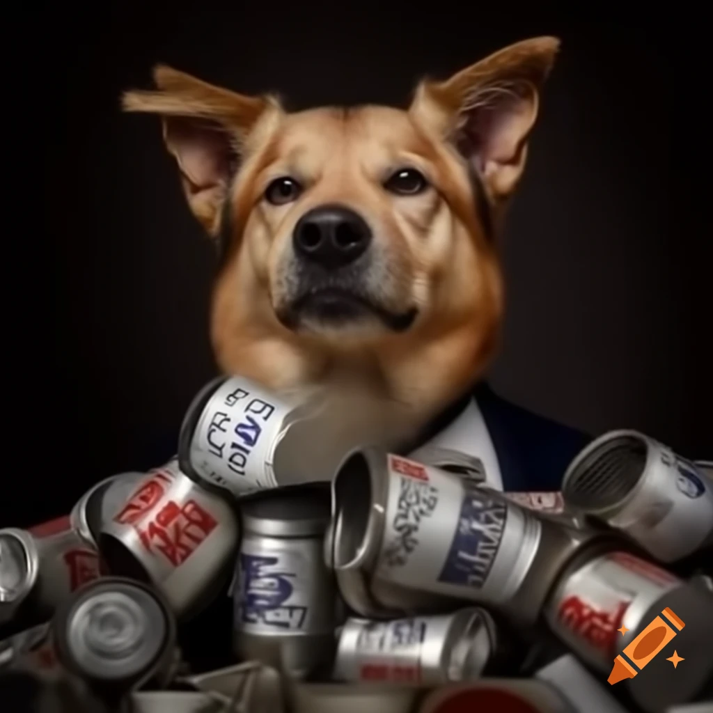 Cans of dog food featuring Donald Trump's face in an advertising scene