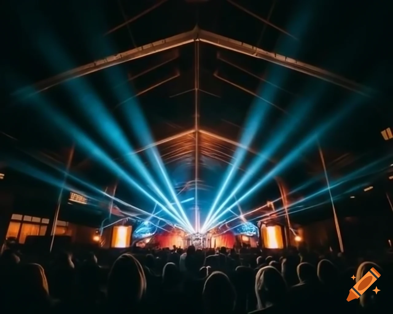 Stage design featuring light beams at Tom Patch event