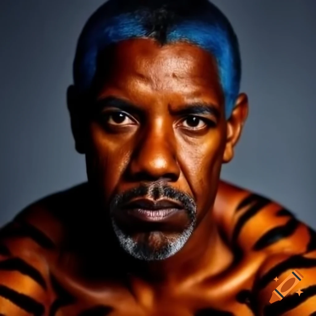 Muscular figure with tiger-style makeup featuring blue hair, orange skin, and black stripes