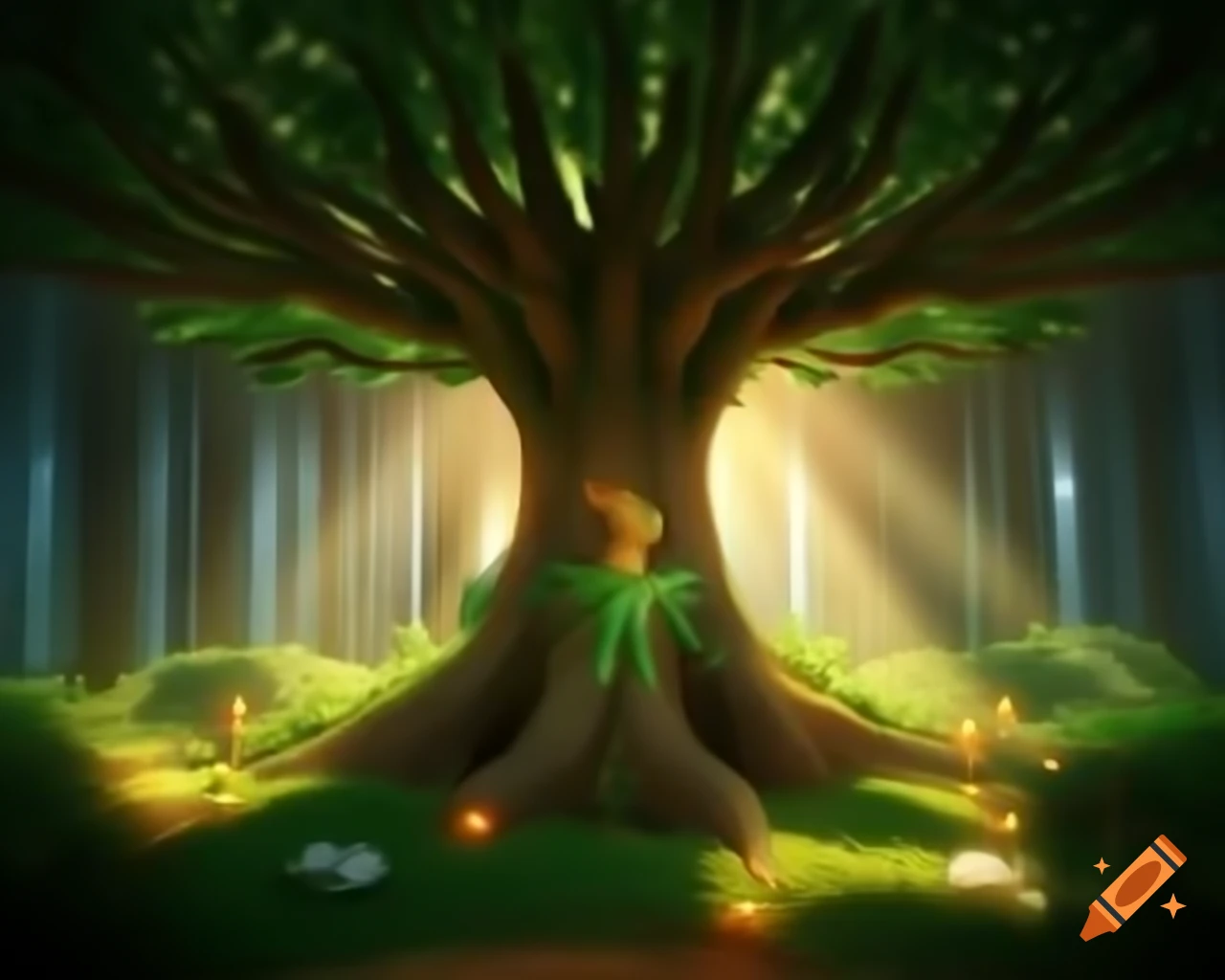 Photorealistic 3D render of a fairy in a tree forest with natural greens and warm oranges