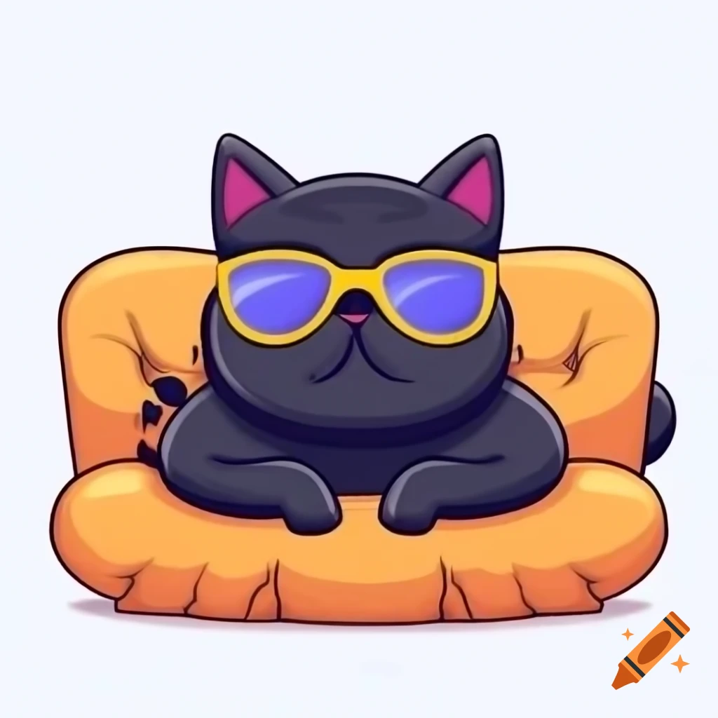 Cartoon black cat wearing sunglasses lounging on a couch