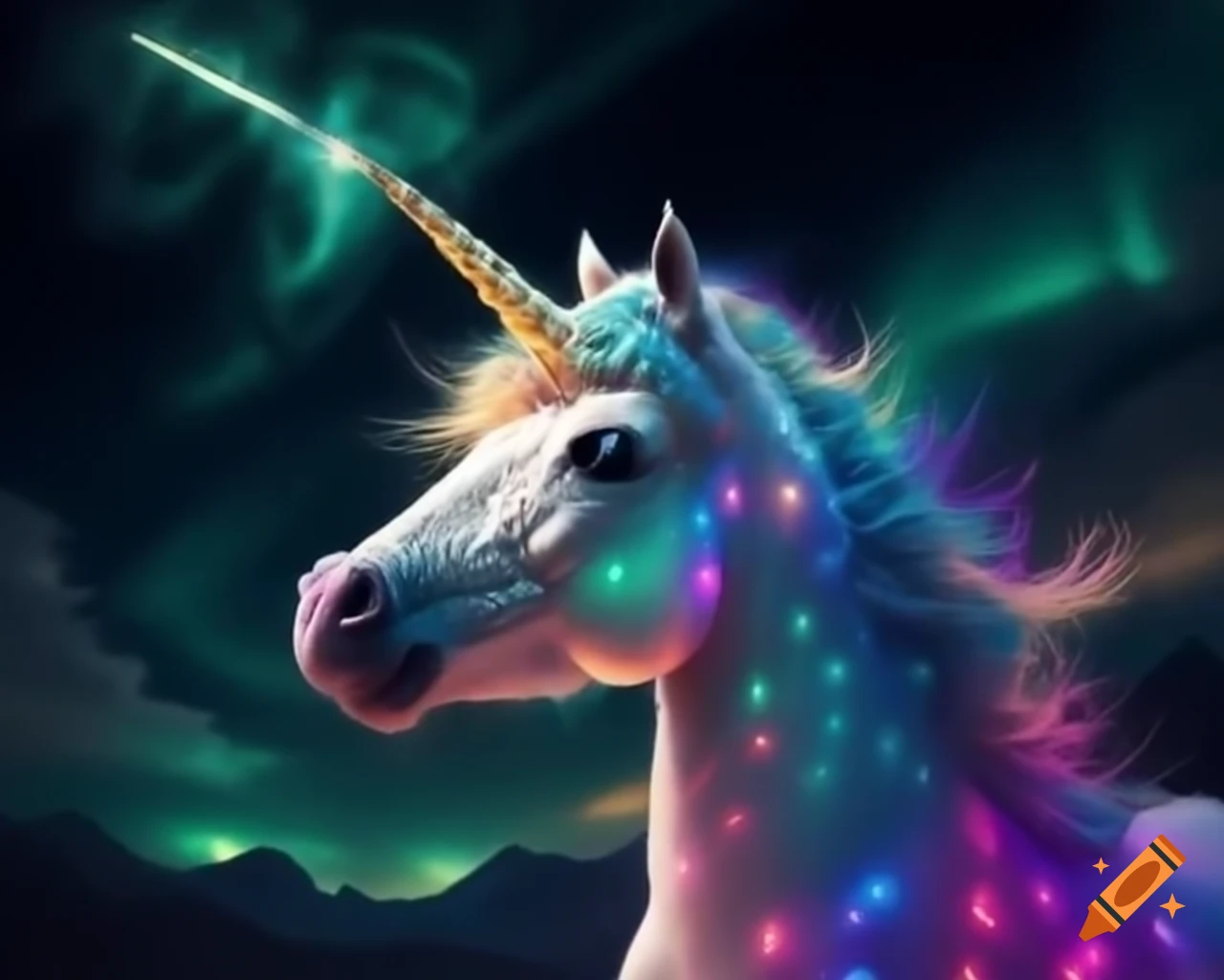 Unicorn against northern lights backdrop