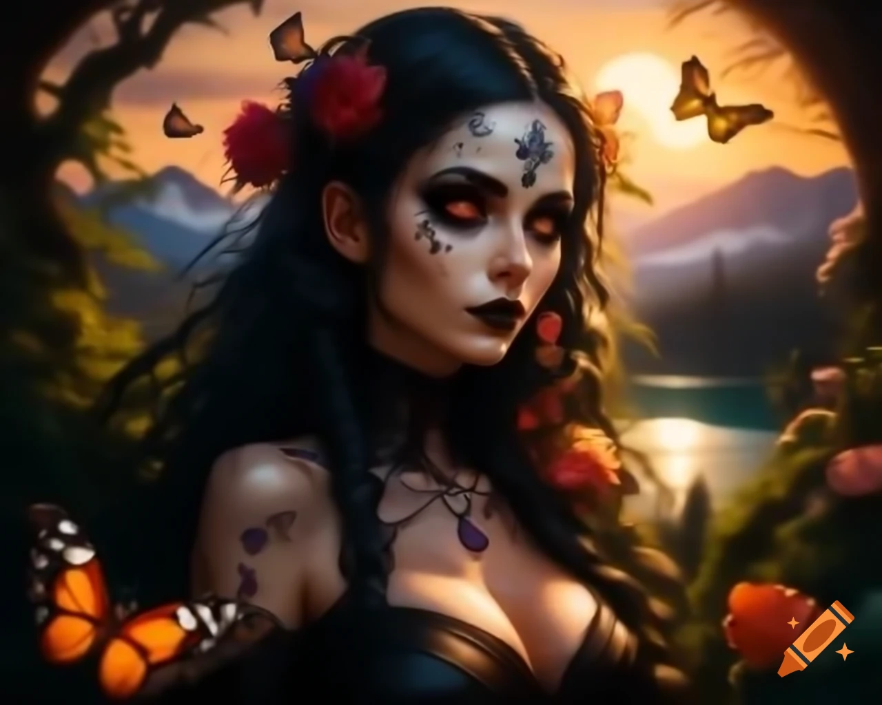 Hyperrealistic Gothic woman with flowers and butterflies in hair, detailed makeup and freckles
