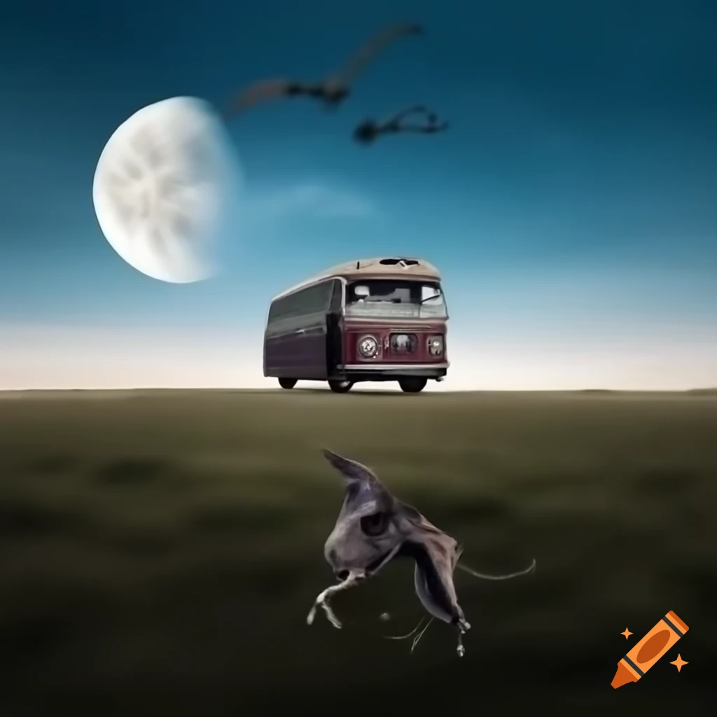 Moon rising over open field with vintage greyhound bus