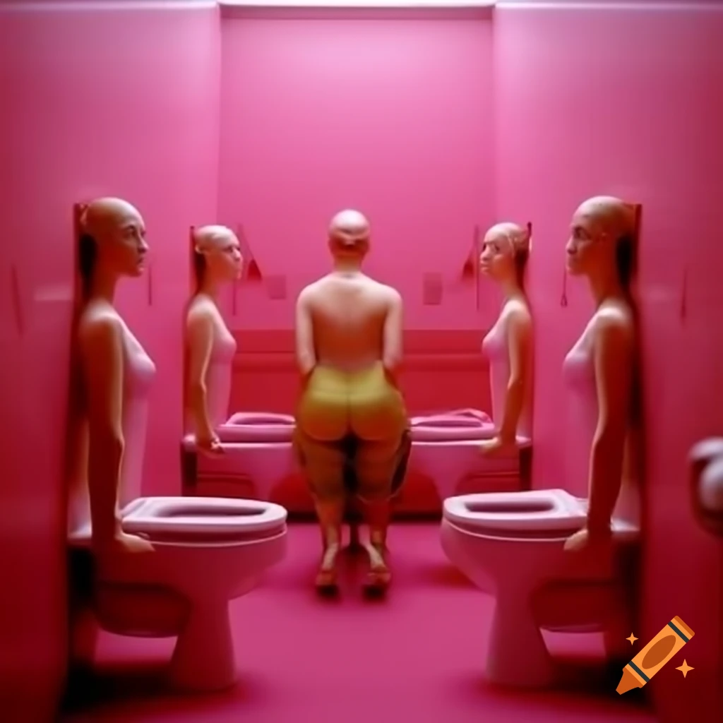 Optical illusion of bald women inside pink toilet in cold colors