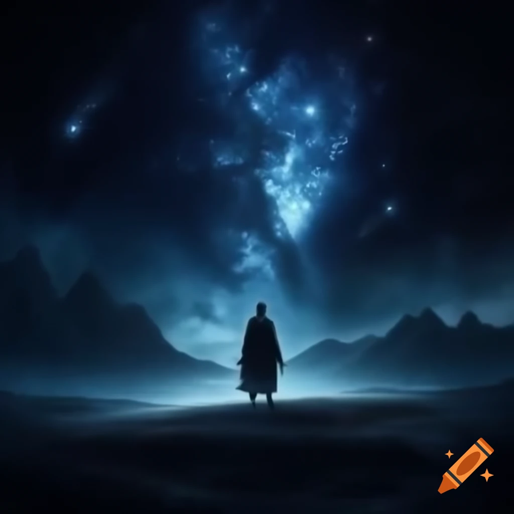 Mystic wanderer blending with starry sky, captivated by the landscape