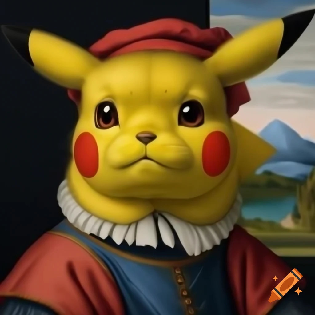 Pikachu in Renaissance style portrait wearing attire with a lake background