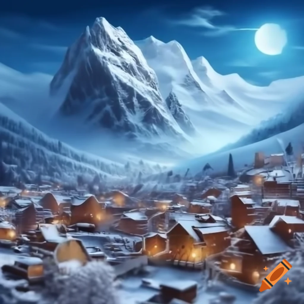 Powdered snow covers mountain town surrounded by evergreens