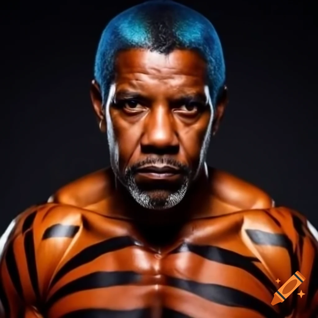Muscular Person With Tiger style Makeup Featuring Blue Hair And Orange muscular-person-with-tiger-style-makeup-featuring-blue-hair-and-orange