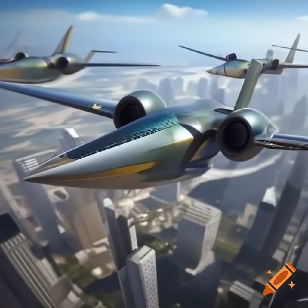 Futuristic city with two military planes flying overhead