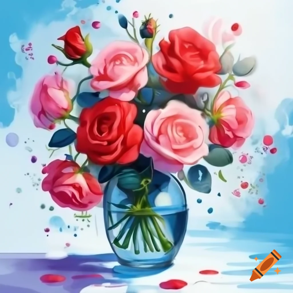 Watercolor painting of red and pink roses in a vase with soft pastel background