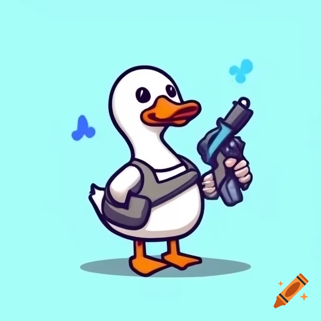 Cartoon-style duck holding toy weapon with cute expression