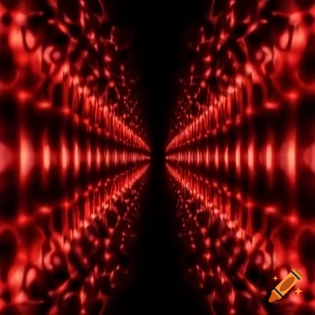 Red and black textured pattern illuminating mysterious hall with wavy walls in 4K